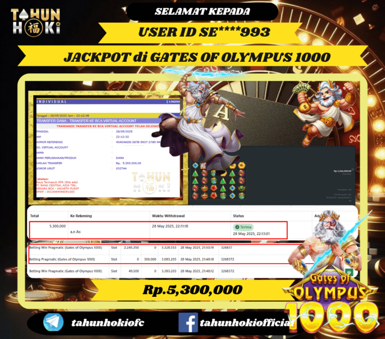 TAHUNHOKI MENANG GATES OF OLYMPUS 1000 PRAGMATIC PLAY Rp. 5,300,000,- LUNAS