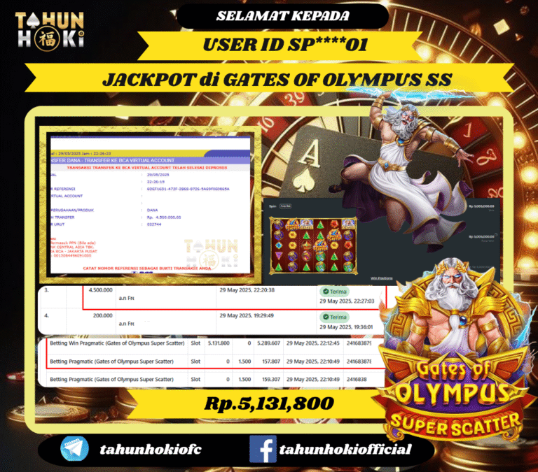 TAHUNHOKI MENANG GATES OF OLYMPUS SUPER SCATER PRAGMATIC PLAY Rp. 5,131,800,- LUNAS