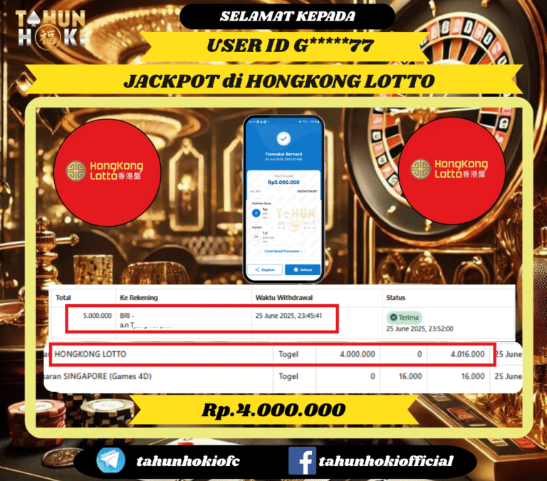 TAHUNHOKI MENANG TOGEL HONGKONG LOTTO Rp. 4,000,000,- LUNAS