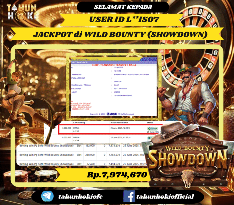 TAHUNHOKI MENANG WILD BOUNTY (SHOWDOWN) PG SOFT Rp. 7,974,670,- LUNAS